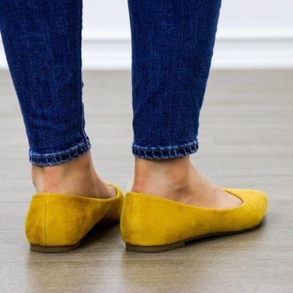 Mustard Yellow Vegan Suede Pointy Toe Flat Shoes - Picture 6 of 7